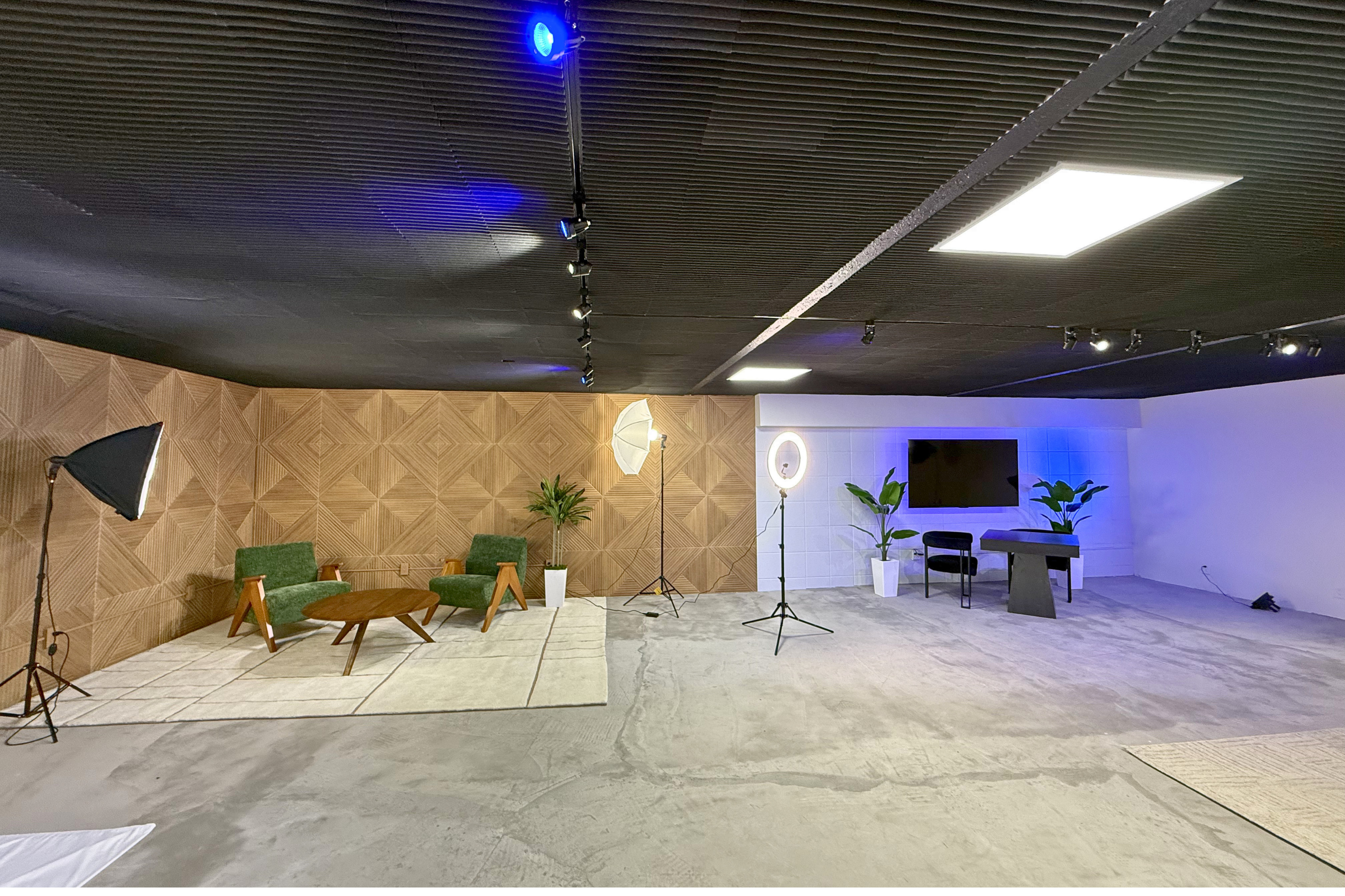 Wide view of multiple Broadway Podcast Studios sets in one frame